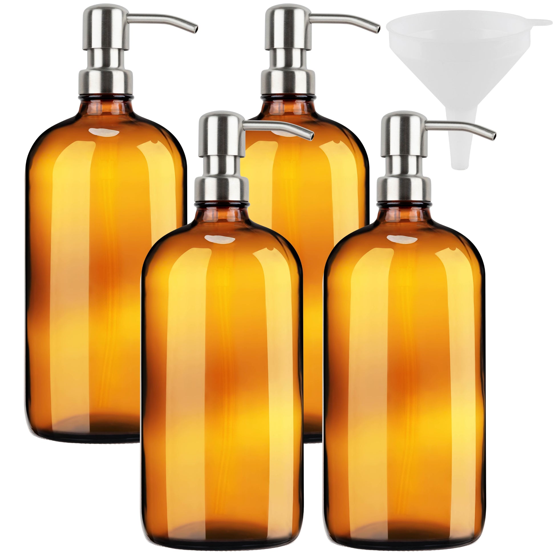 Amber bottles with metal pumps for soap and shampoo