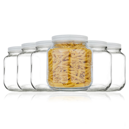 Half gallon glass mason jar with white plastic lid, 64 oz wide mouth