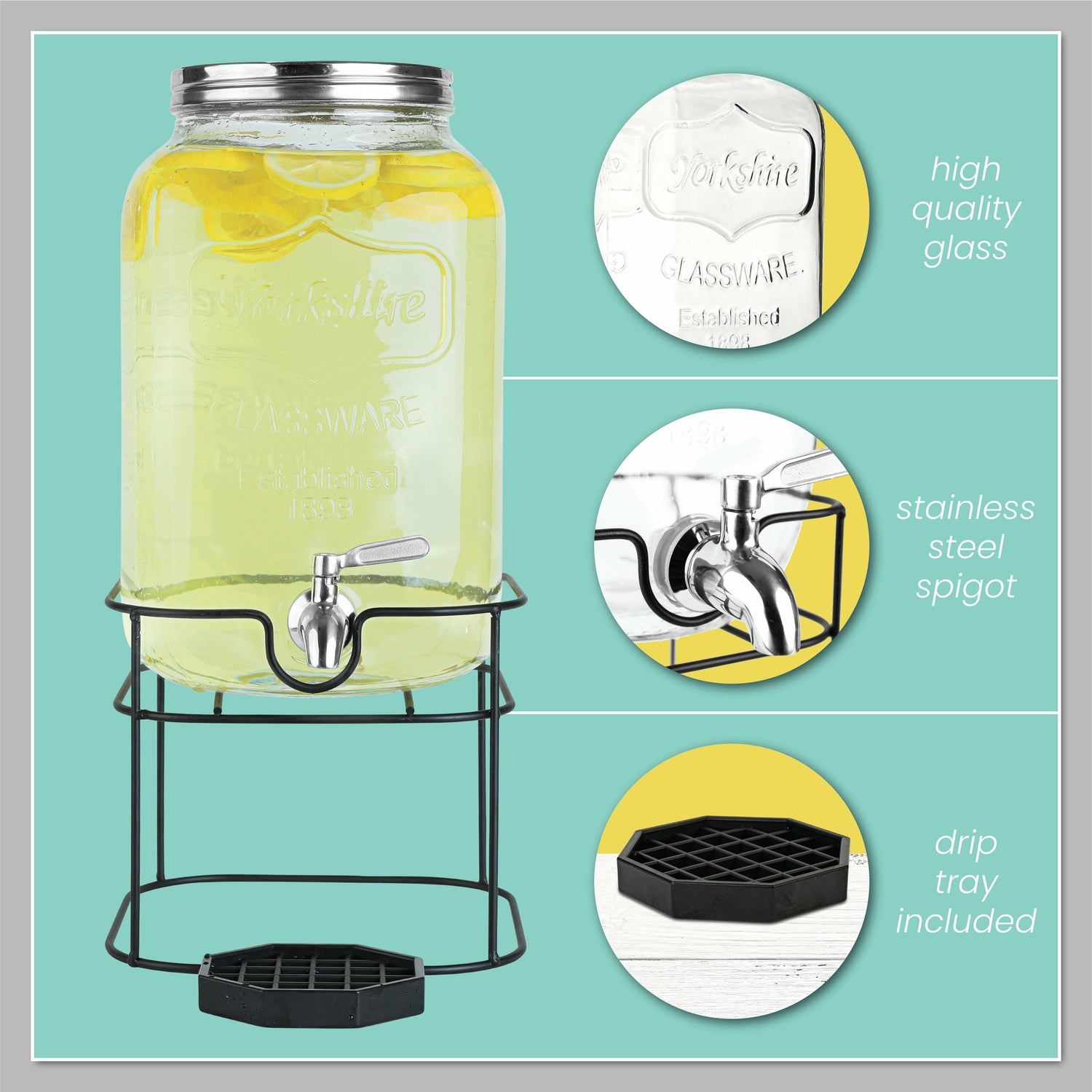 Mason Jar Glass Drink Dispenser with Stainless Steel Spigot | 1 Gallon