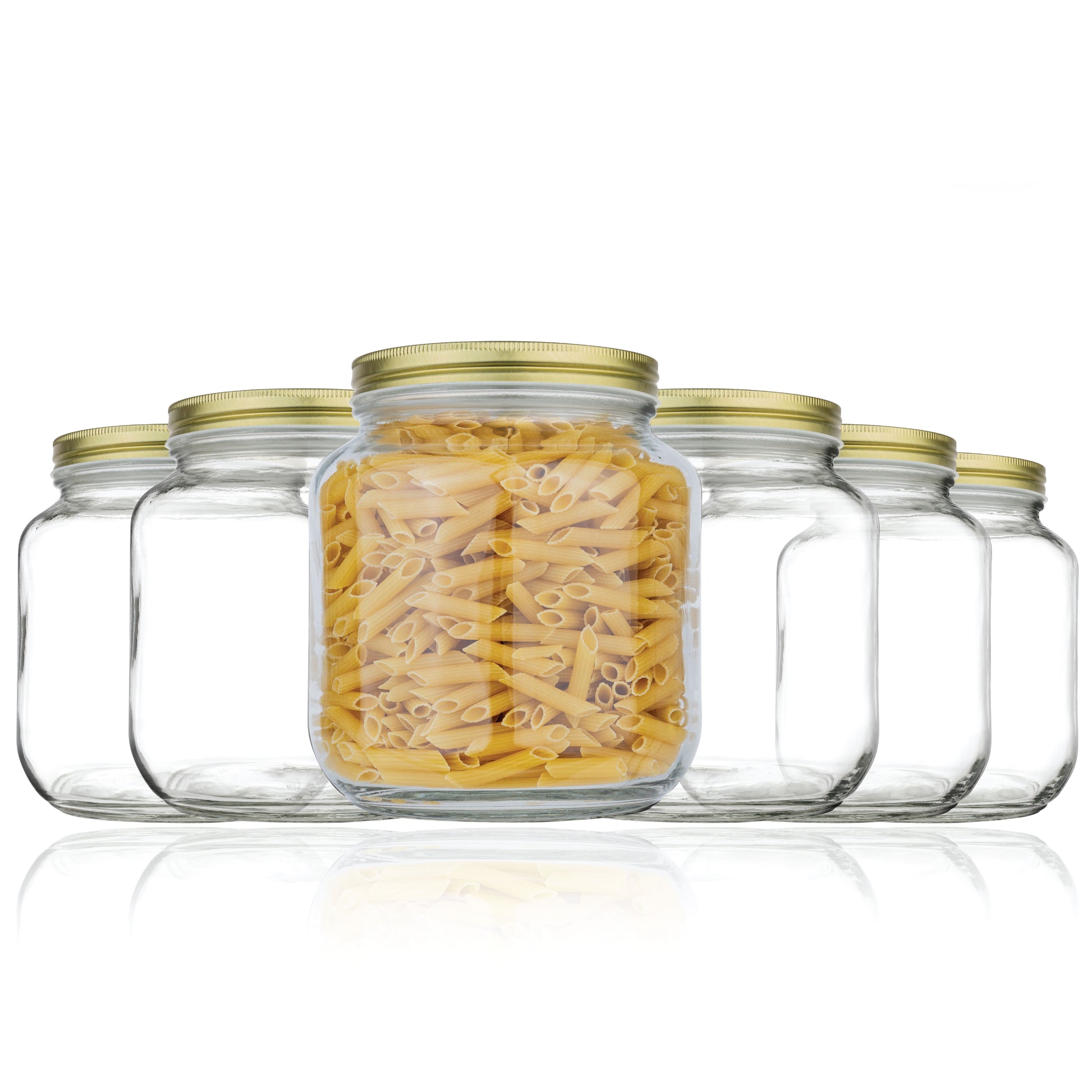 Half gallon glass mason jar with gold metal lid, 64 oz wide mouth
