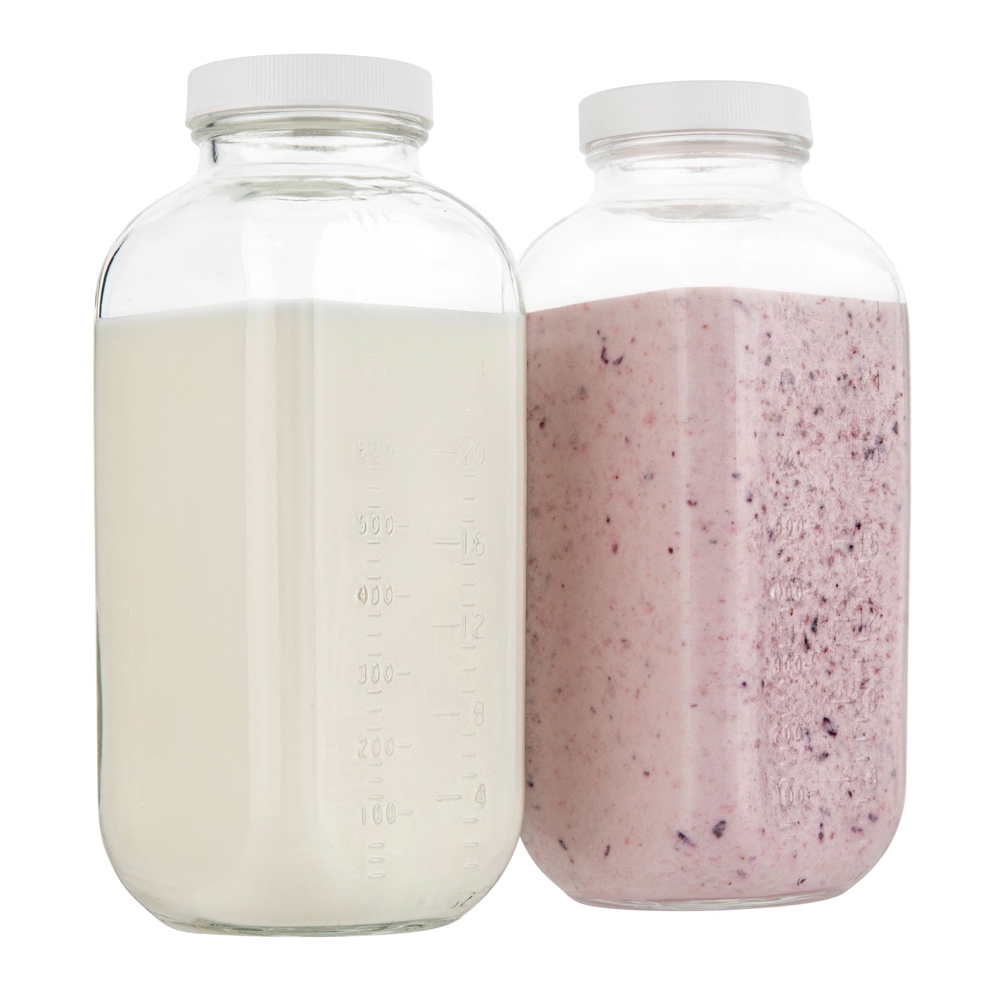 Square quart milk bottles with measurement marks