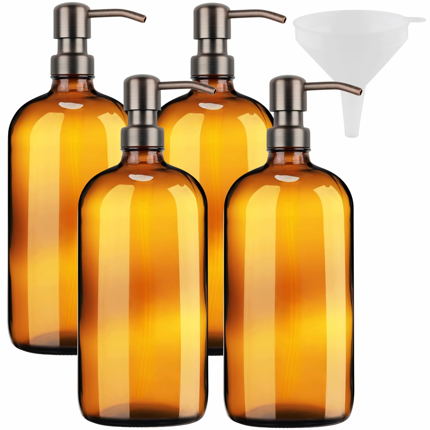 Stainless steel pump detail on amber glass bottle