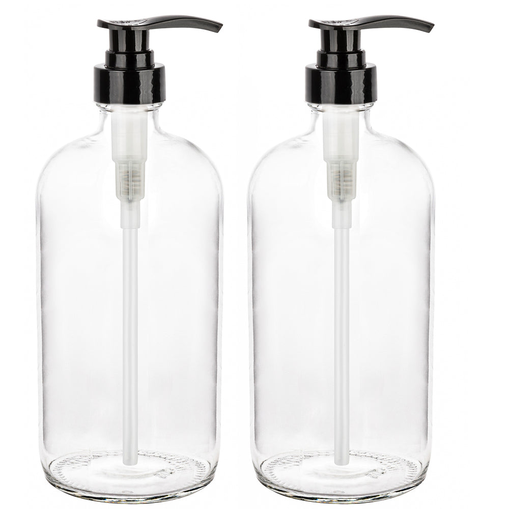 Clear glass soap dispenser shows fill level