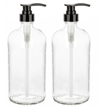 Clear glass soap dispenser shows fill level