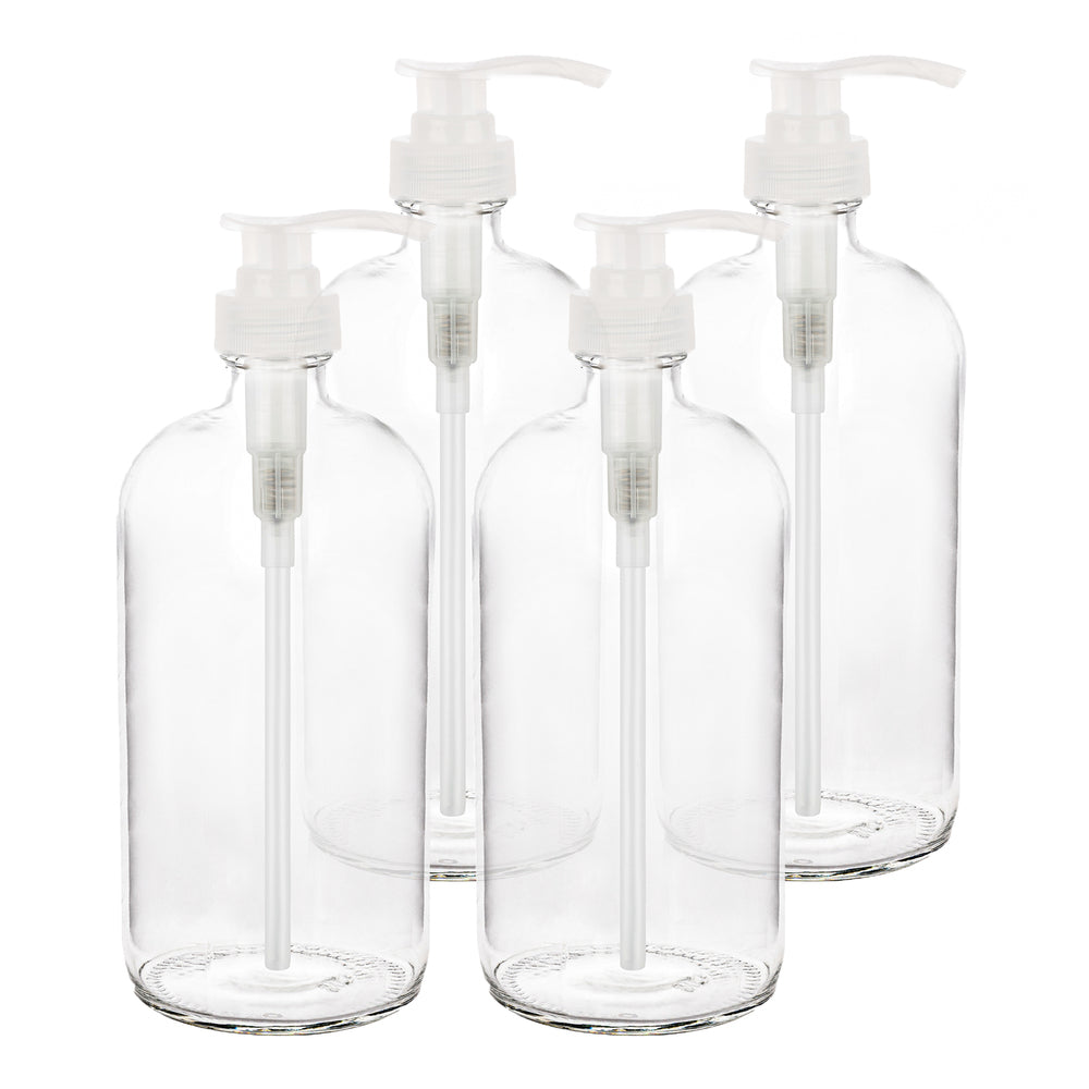 Clear glass shampoo bottles with pumps, view 6