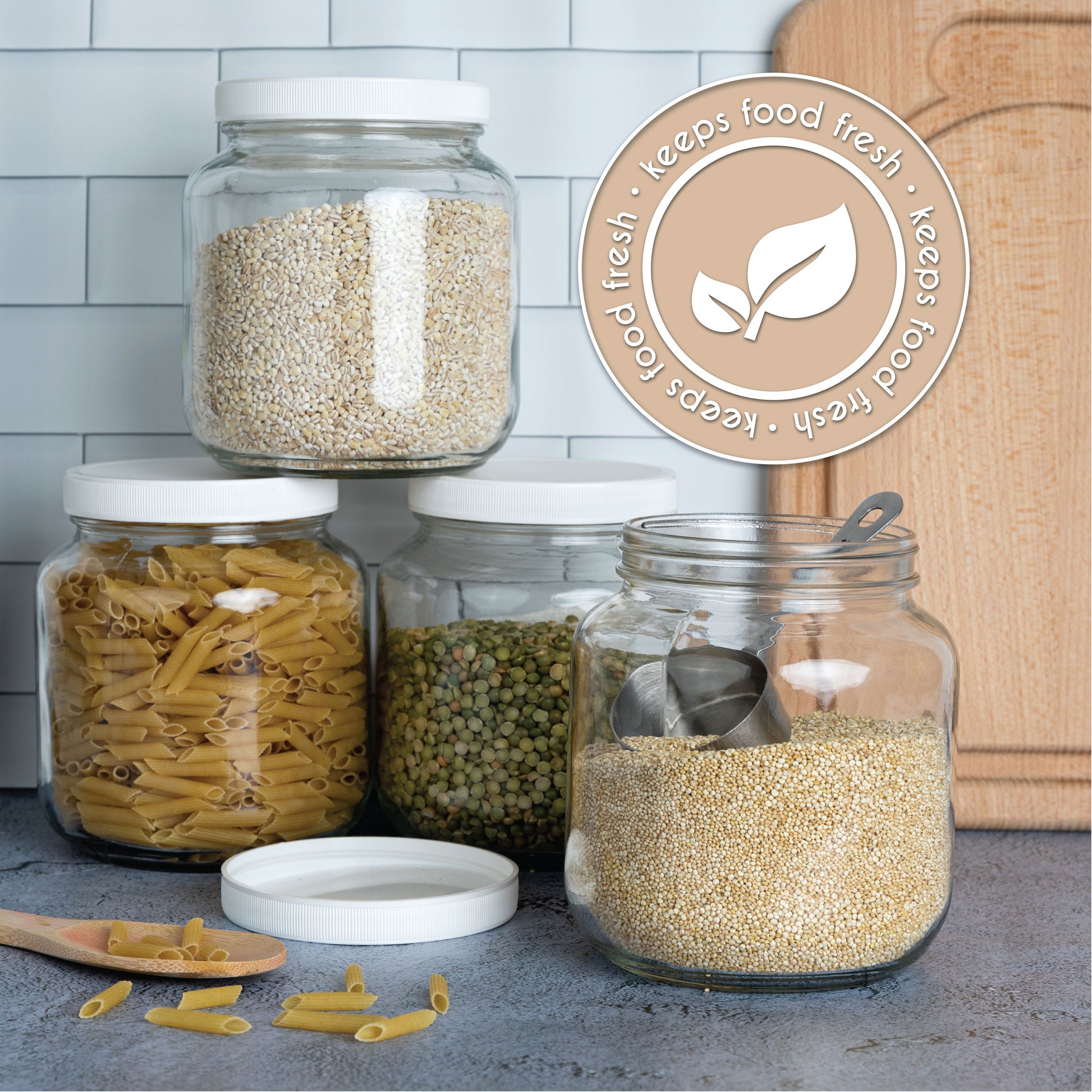 Half gallon mason jars filled with pantry staples
