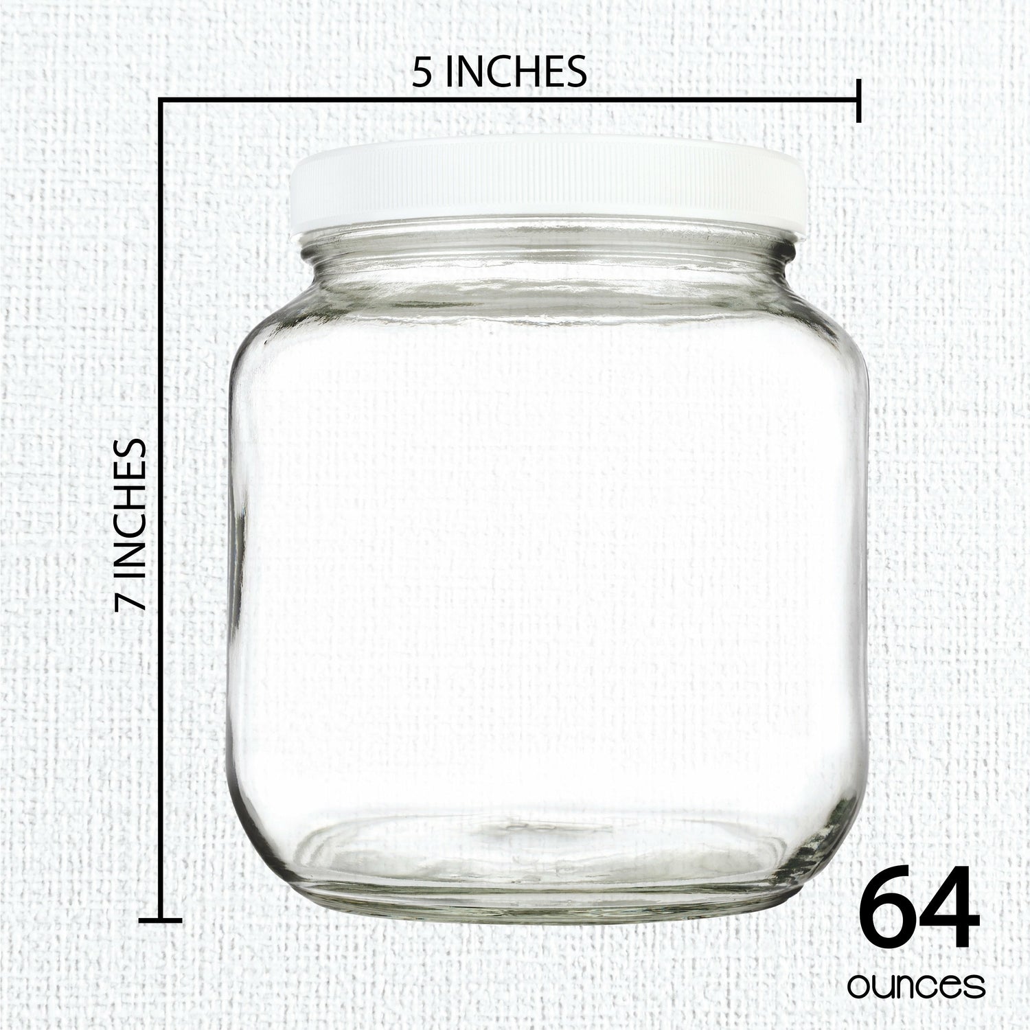 64oz Clear Wide-mouth Glass Jar, BPA free Food Grade w/White Metal Lid (Half  Gallon