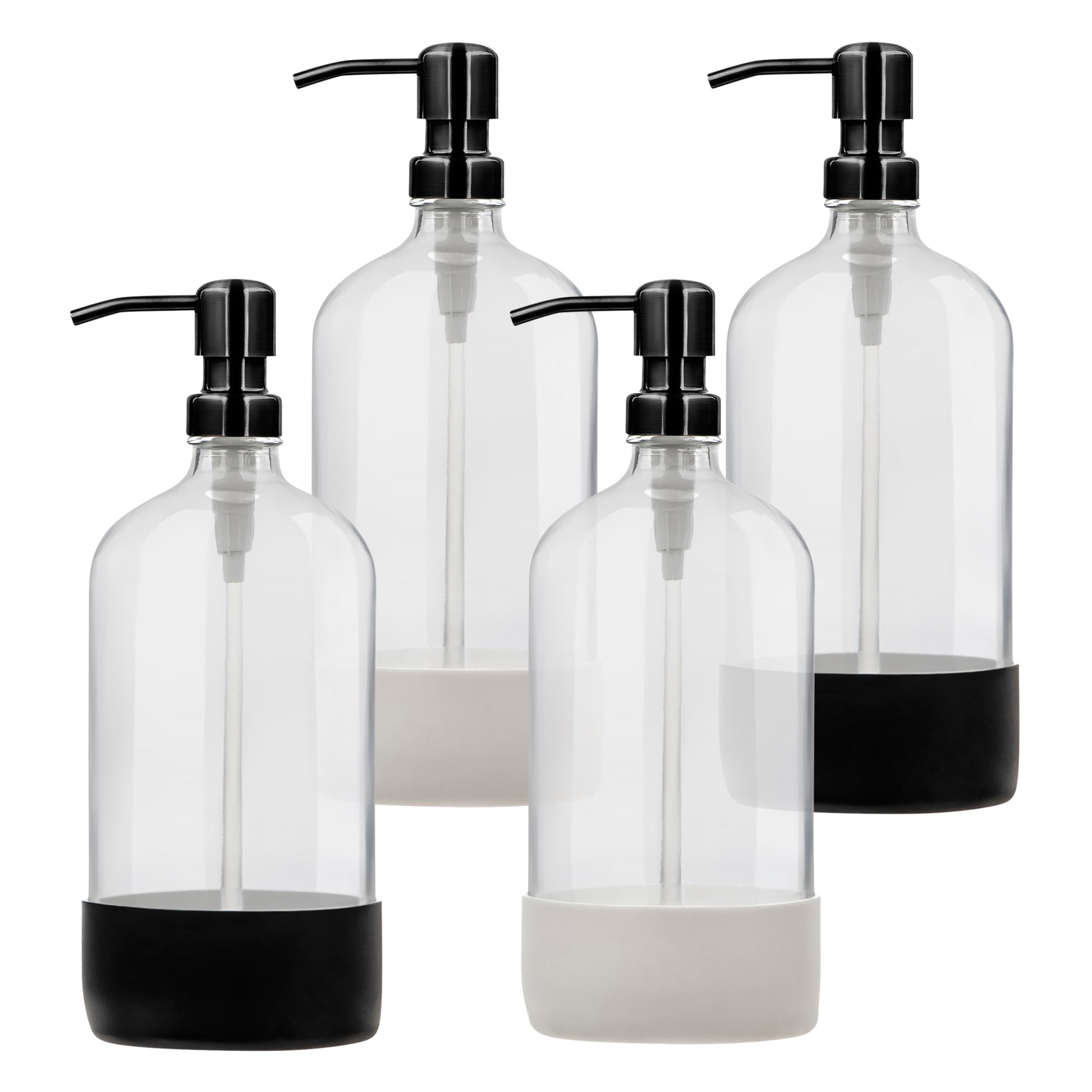 Clear glass pump bottle with brushed metal pump