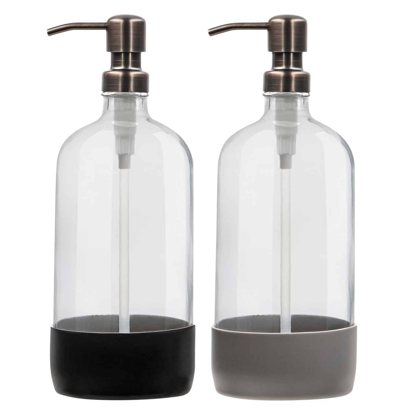 Clear bottles with metal pumps for bathroom