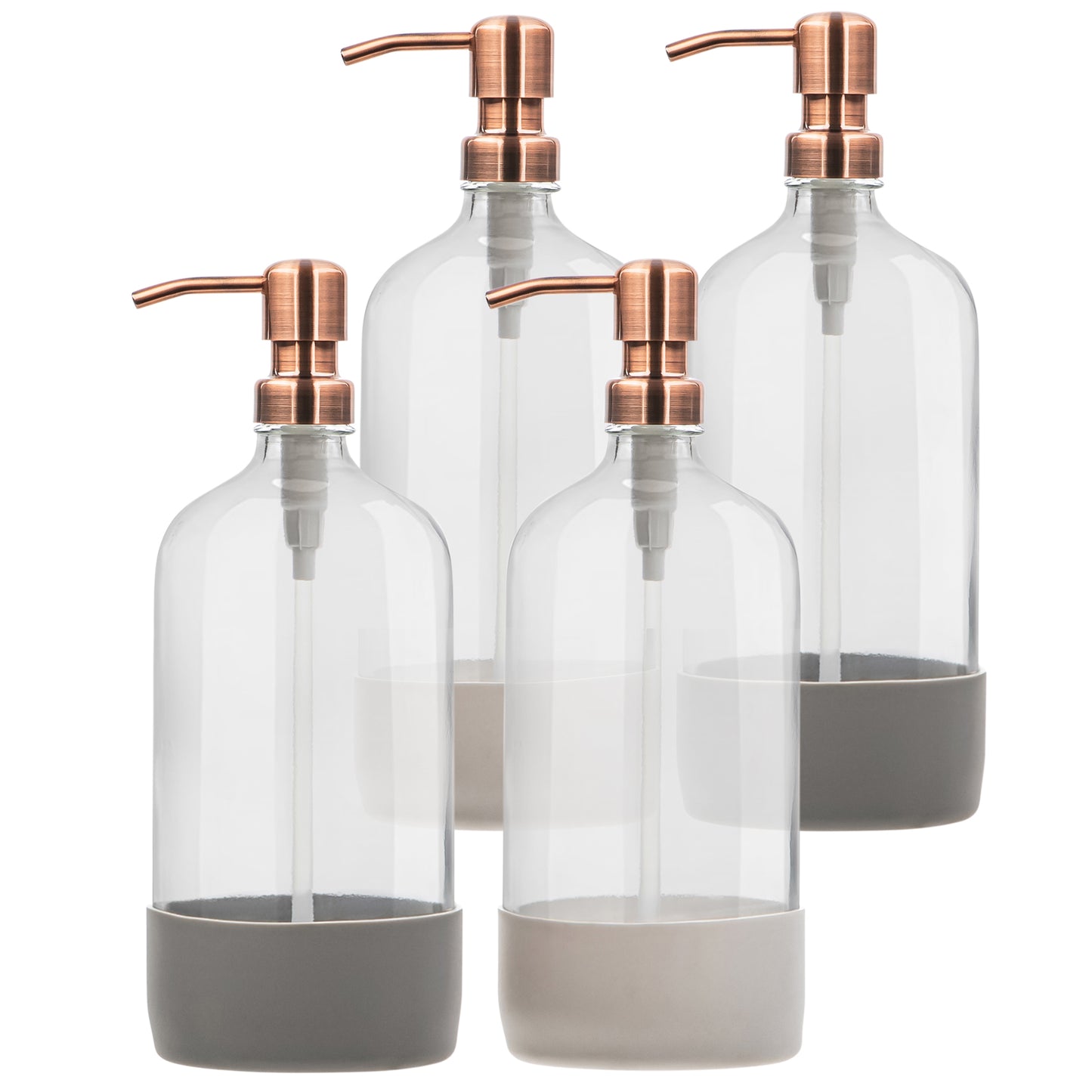 32 oz clear glass bottles with stainless steel pumps and silicone base