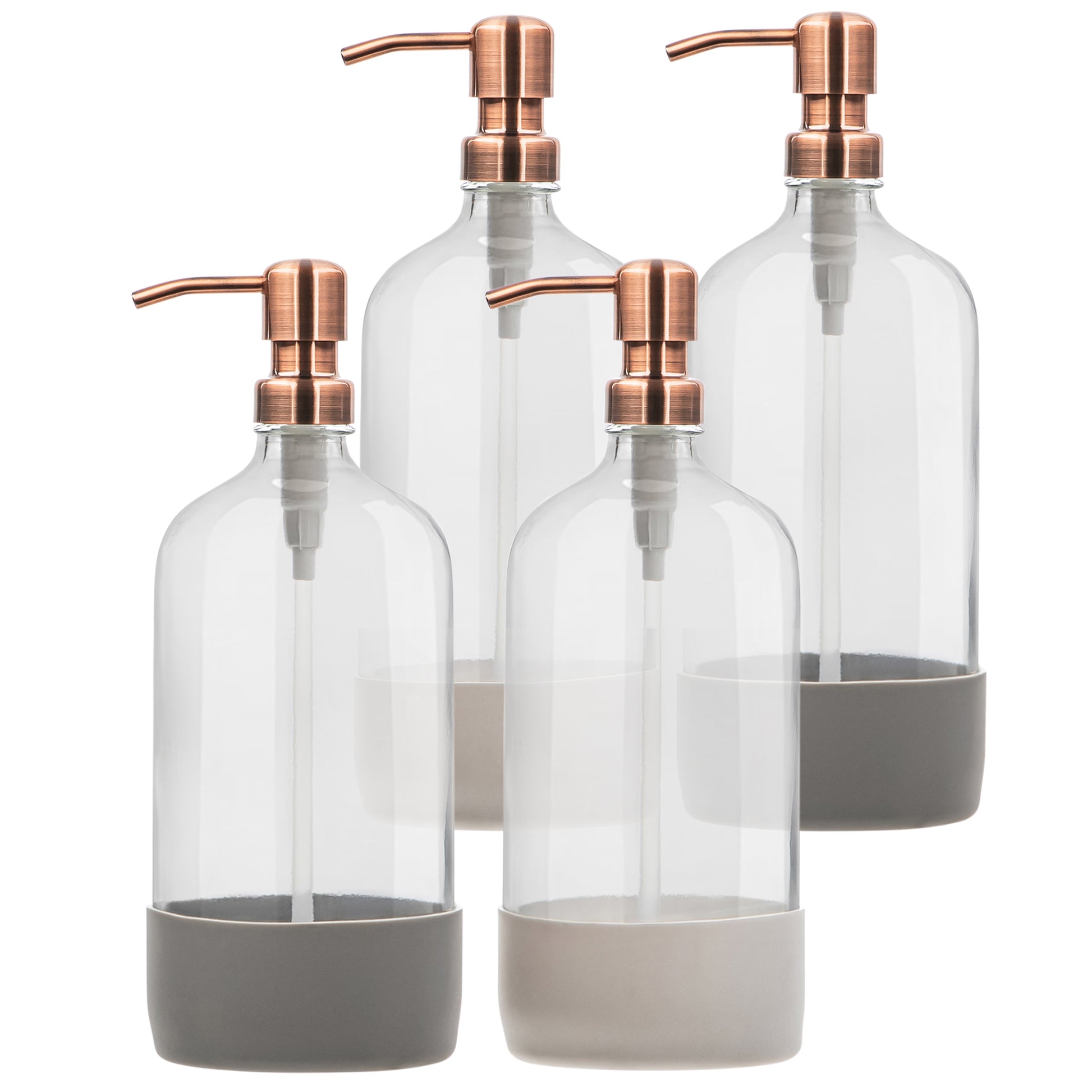 32 oz clear glass bottles with stainless steel pumps and silicone base