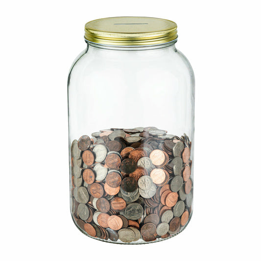 Large glass coin bank jar with slotted gold lid
