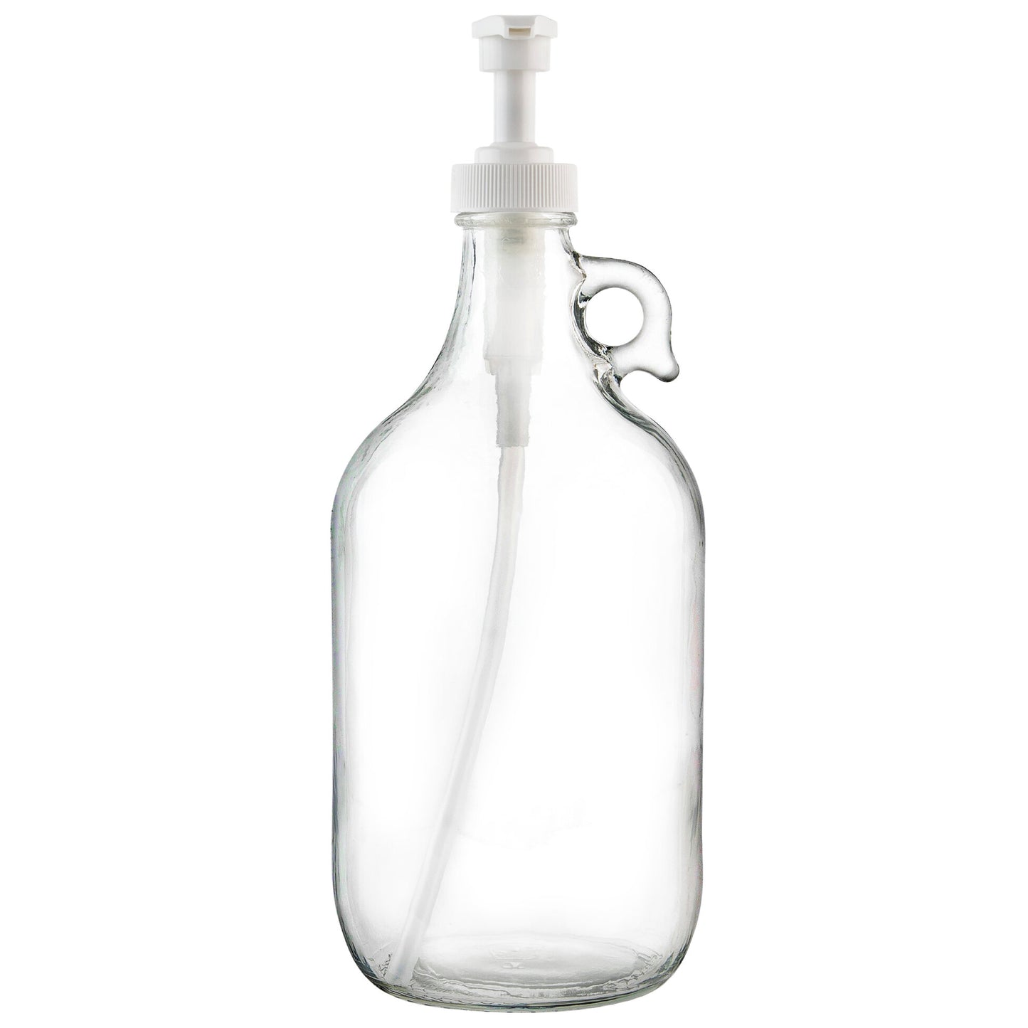 Half gallon clear glass pump dispenser bottle, 64 oz