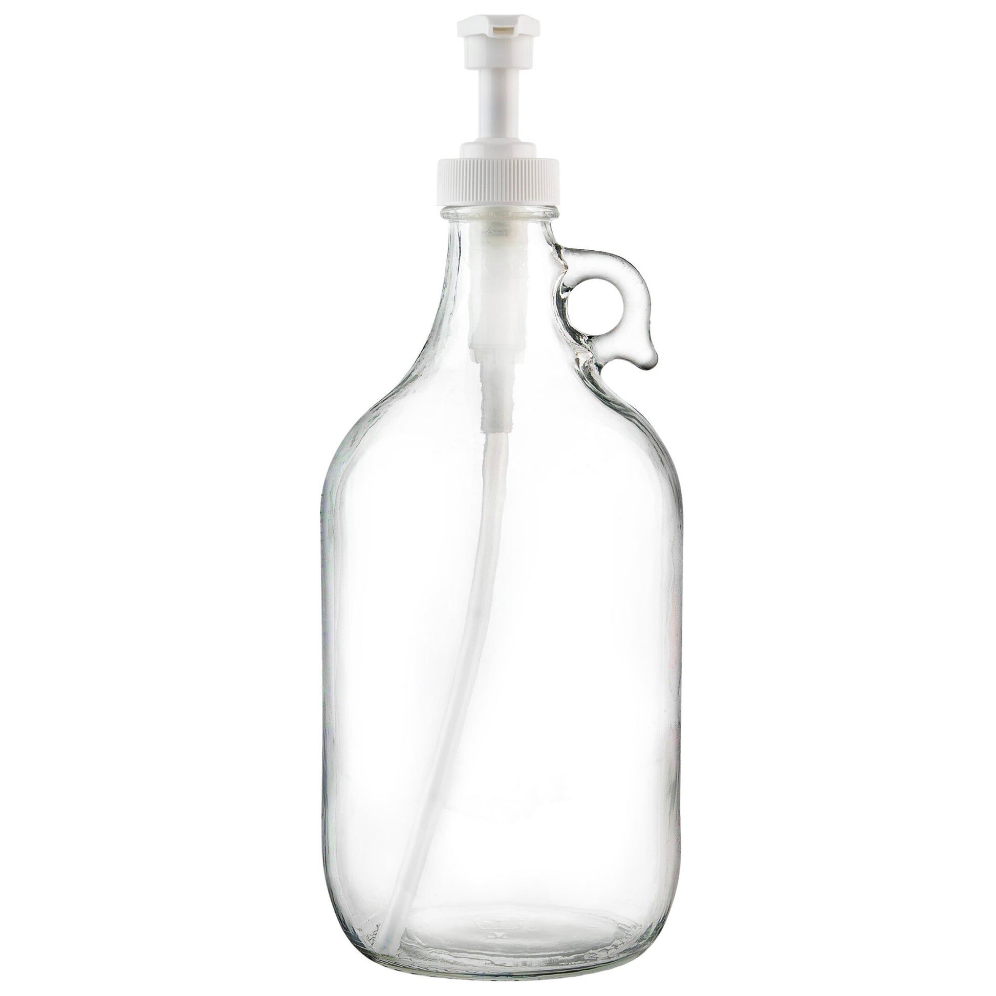 Half gallon clear glass pump dispenser bottle, 64 oz