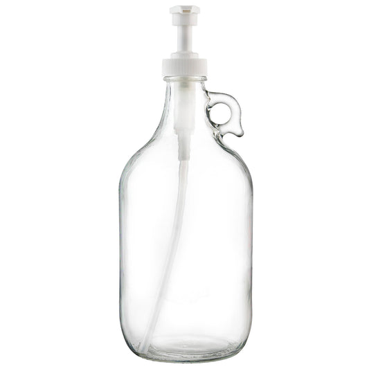 Half gallon clear glass pump dispenser bottle, 64 oz